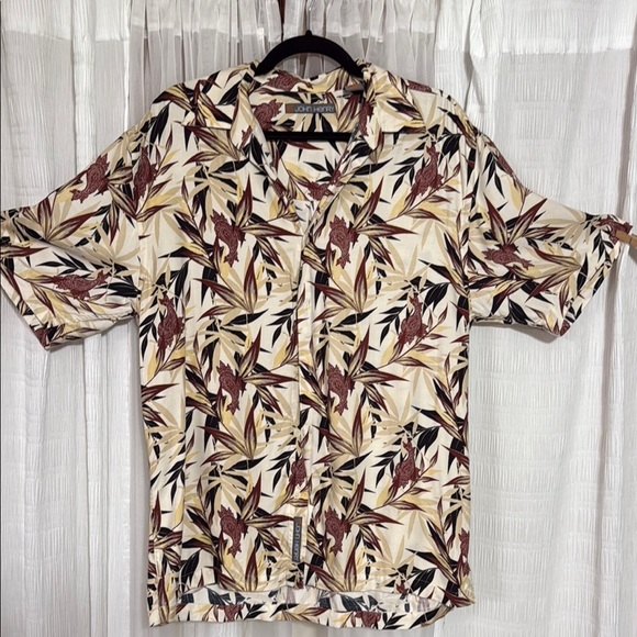 JOHN HENRY Cream and Brown Casual Button Down Shirt with Tropical Print - Picture 1 of 6